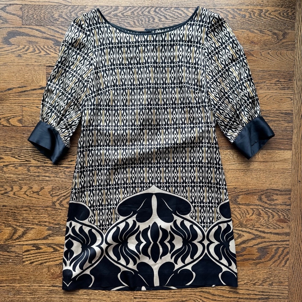 Claude Brown 100% Silk Black and Cream Patterned Women's Shift Dress 2